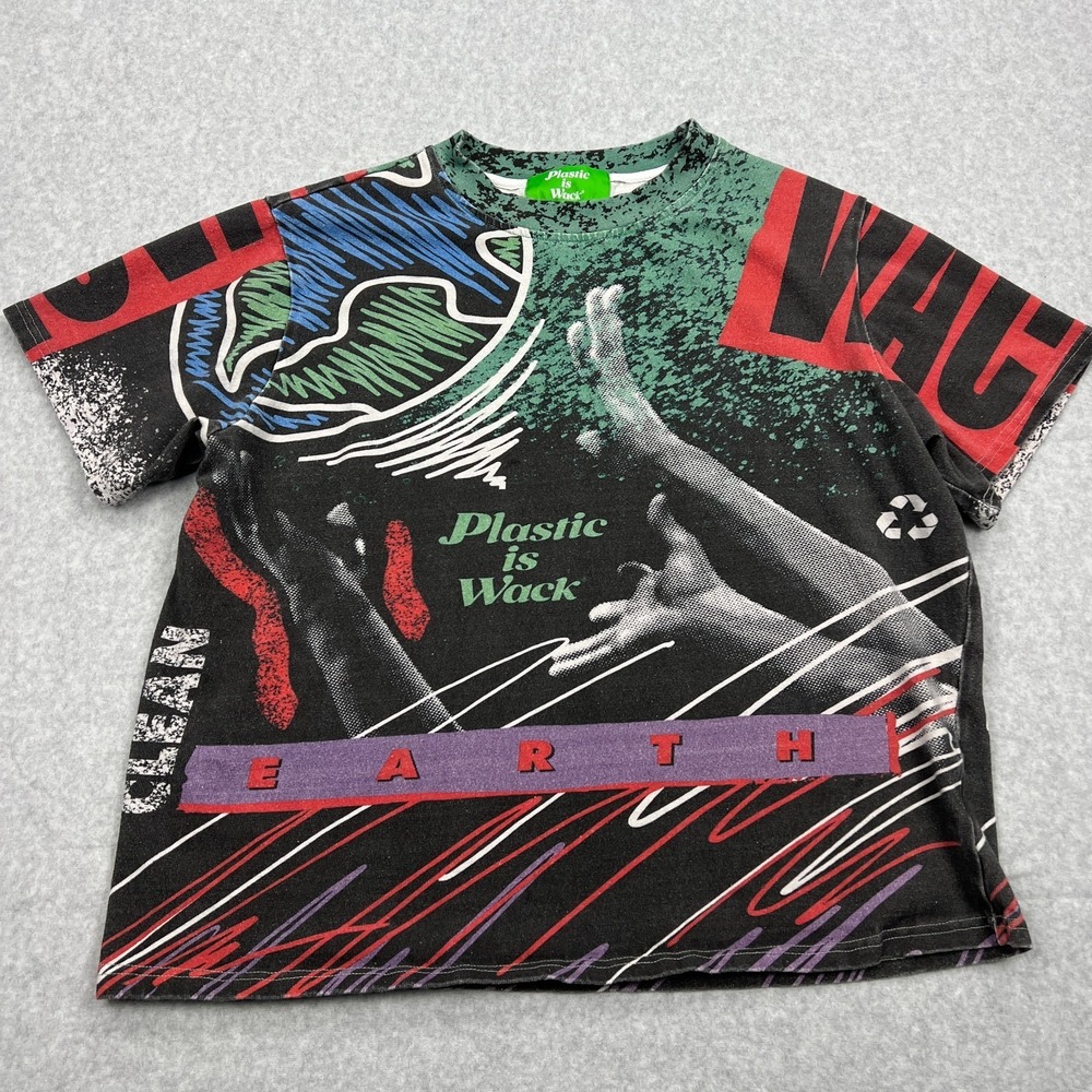 Plastic is Wack Reach Tee Men's Medium Graphic‎ AOP Eco Clean Earth Crew Shirt